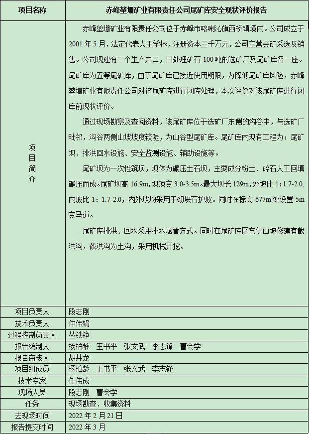 赤峰堃堋礦業(yè)有限責(zé)任公司尾礦庫安全現(xiàn)狀評(píng)價(jià)報(bào)告