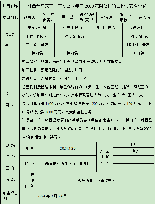 林西金易來砷業(yè)有限公司年產(chǎn)2000噸阿散酸項目設立安全評價